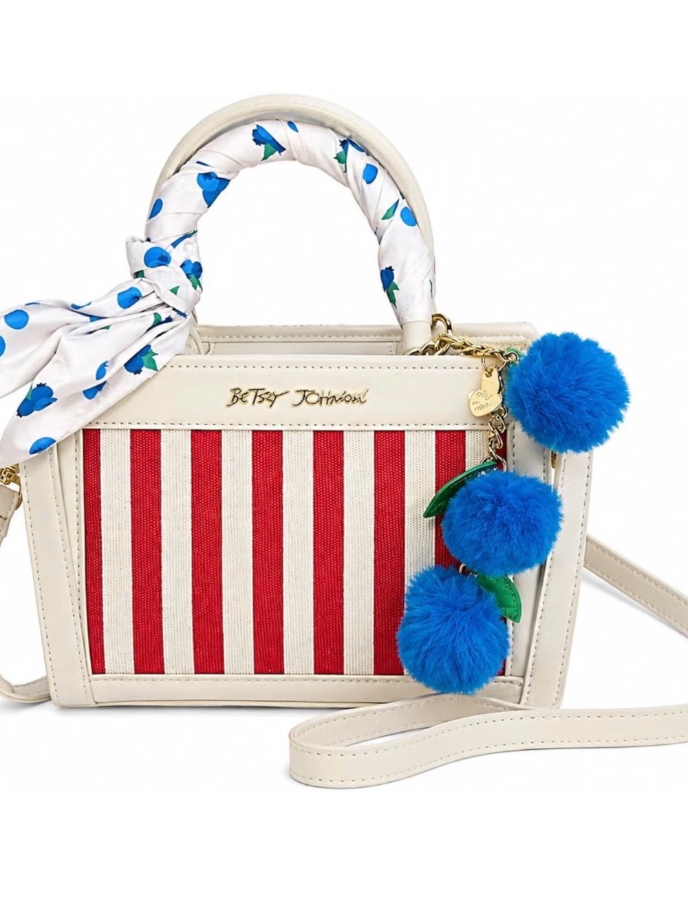 Betsey Johnson Cream Crossbody with Red Stripes and Blue Pom Pom Charm